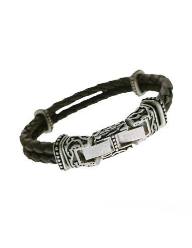 Men's steel and leather bracelet
