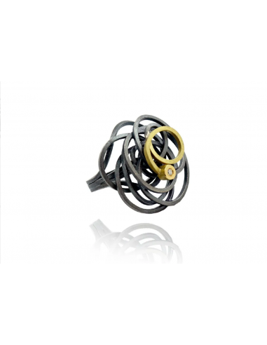 Chaos ring, silver with gold and diamond strand