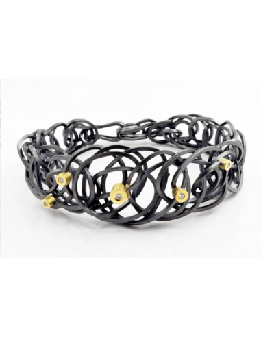 Chaos bracelet, silver and gold with gold thread and 5 diamonds